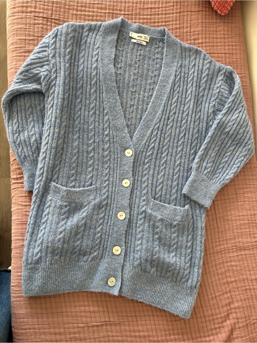 Mango Pale Blue Cable-Knit Button Cardigan NWOT